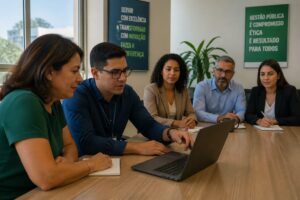 A group of public servants attending a training session on artificial intelligence in a modern office.
