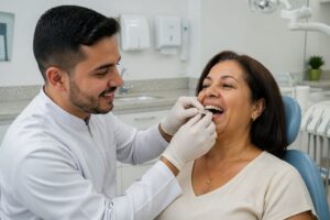 A woman receiving a dental prosthesis from a dentist in a clinic