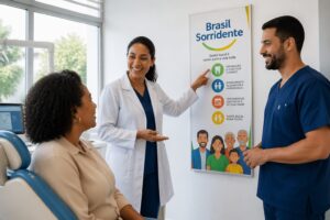 Healthcare professionals discussing a health program with a patient in a modern clinic