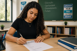 A young woman filling out an application form for the Jovem Aprendiz program in a classroom