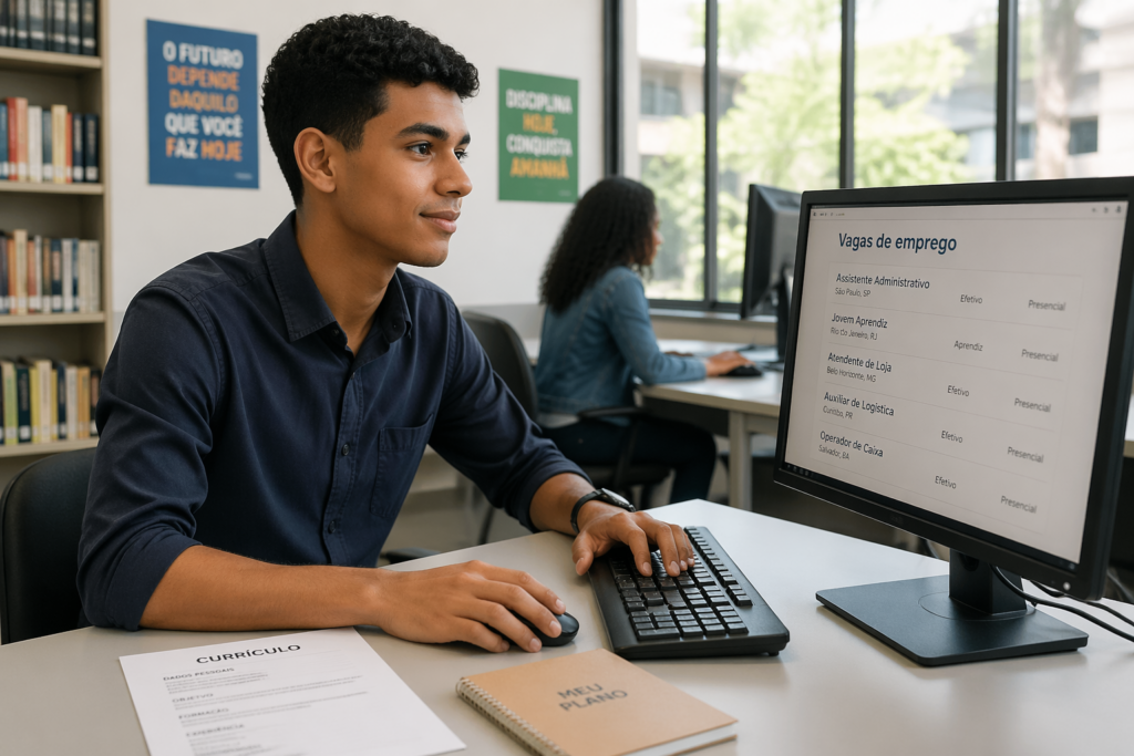 Young Brazilian teenager sitting at a computer in a career center browsing available job listings for a youth apprenticeship program