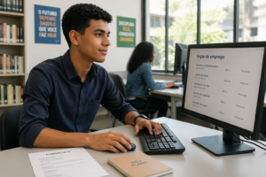 Young Brazilian teenager sitting at a computer in a career center browsing available job listings for a youth apprenticeship program