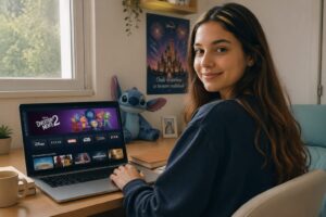 A young woman streaming Disney+ on her laptop at home