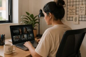 A young woman using a laptop to watch a streaming service in a home office setting