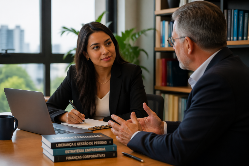 A young Brazilian woman in business attire discussing with a mentor in a modern office setting