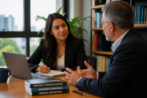 A young Brazilian woman in business attire discussing with a mentor in a modern office setting