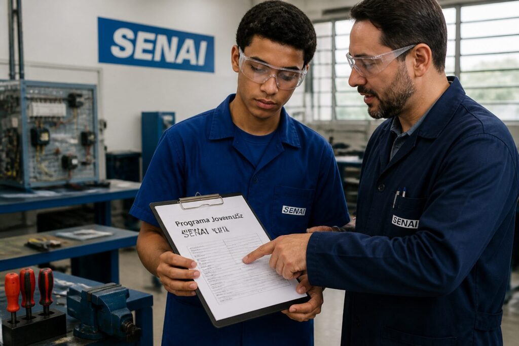 Young Brazilian apprentice and instructor reviewing a Jovem Aprendiz SENAI document in a technical training classroom