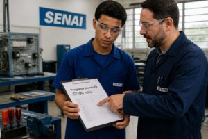 Young Brazilian apprentice and instructor reviewing a Jovem Aprendiz SENAI document in a technical training classroom
