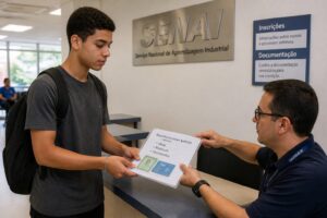 Teenage student hands application documents to a staff member at a SENAI admissions desk in Brazil.