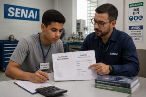 A young Brazilian apprentice reviews a payslip and apprenticeship contract with a SENAI instructor inside a training center.