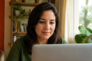 Brazilian woman studying online on a laptop at a home desk