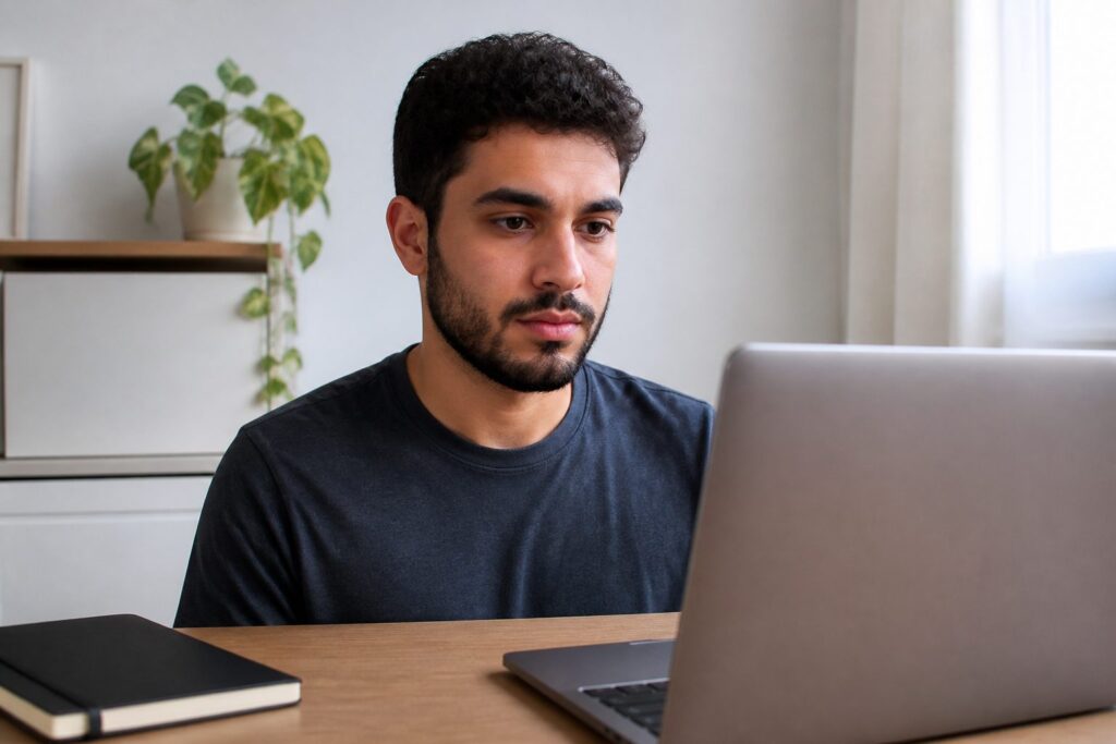 Young Brazilian man looking at a laptop while studying online at a table
