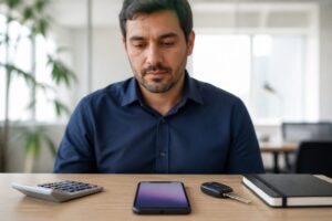 Homem observa o celular sobre a mesa, ao lado de calculadora e chave de carro, para simular um financiamento